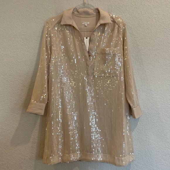 Anthropologie’s Pilcro Longsleeve Sequin Mini Shirt Dress in Ivory - New! - Picture 5 of 8